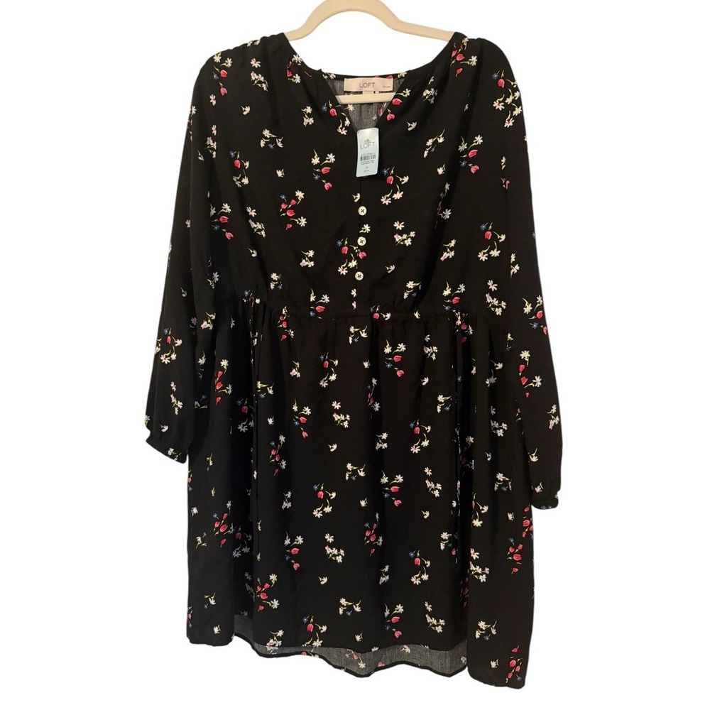 Loft Long Sleeve Dress Petite Medium Black Floral New With Tags